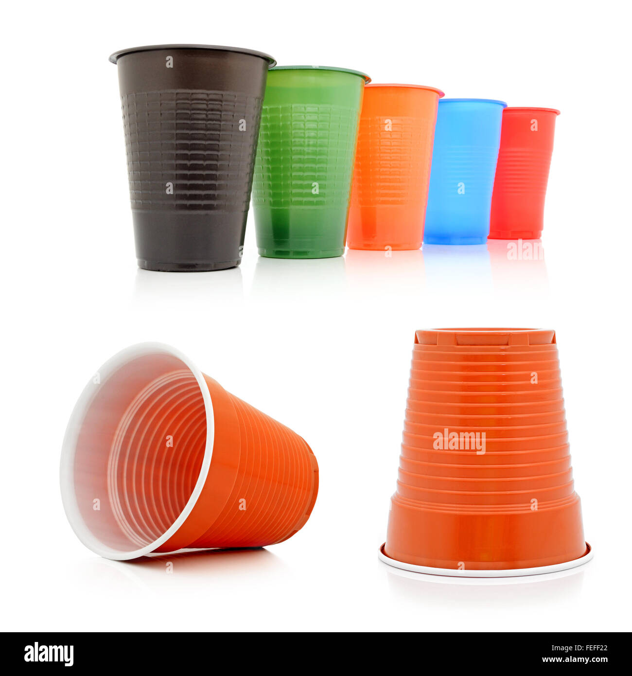 Colour disposable glasses on a white background. Collage Stock Photo