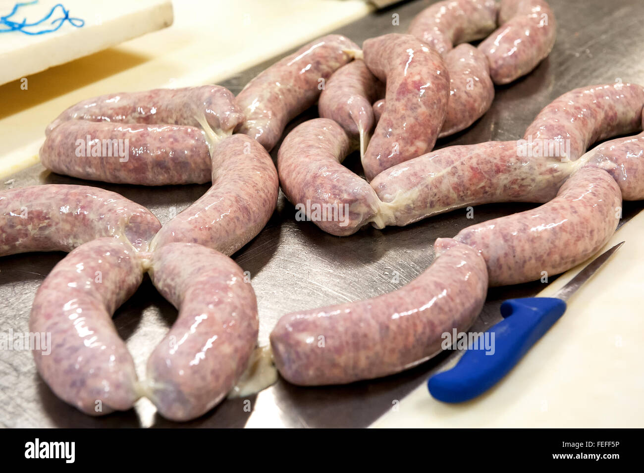 Tray of fresh Italian salami sausage filled with a spicy mixture of pork and beef ready for aging and drying in a butchery Stock Photo
