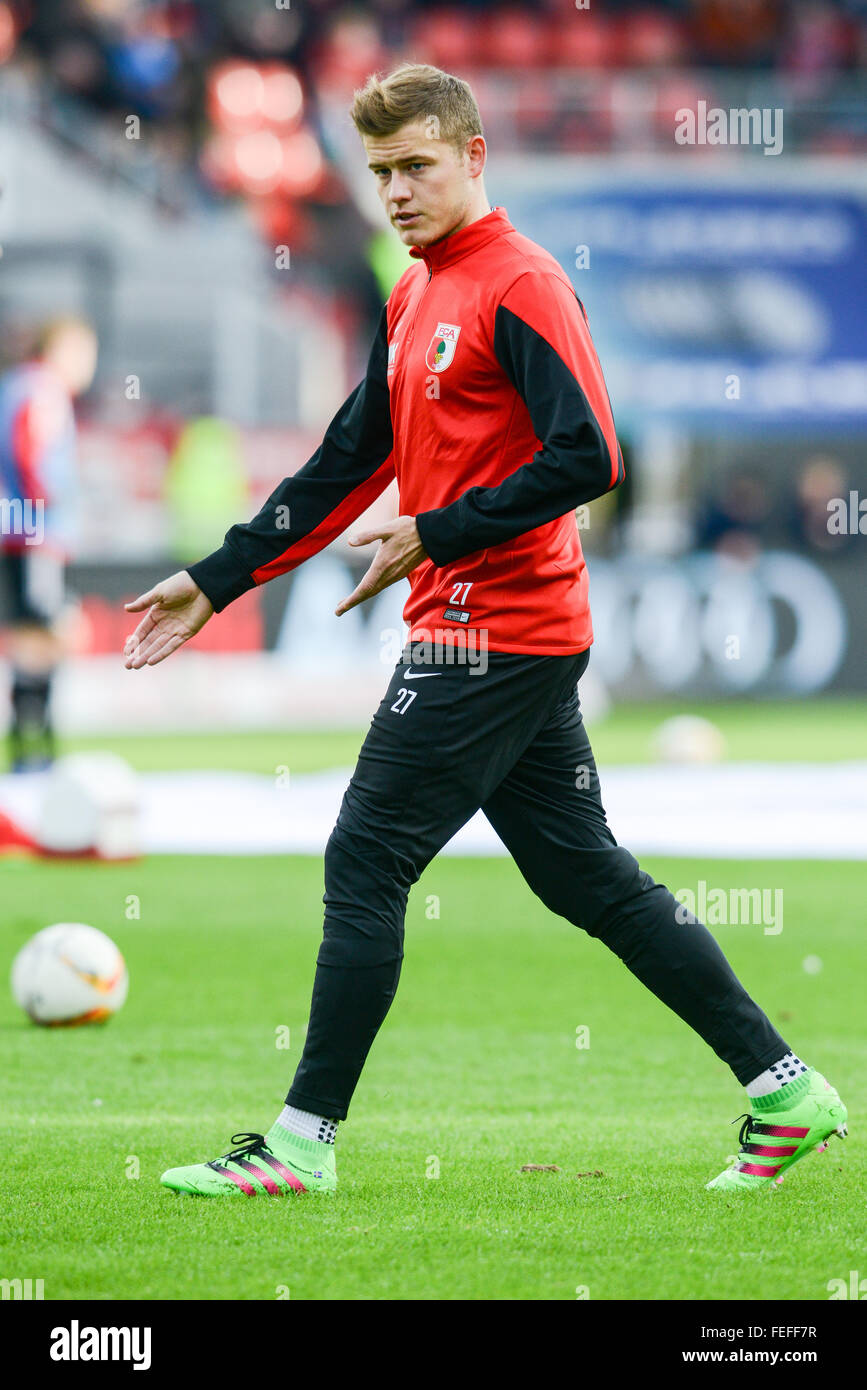 Ingolstadt, Germany. 06th Feb, 2016. New arrival Alfred Finnbogason of Augsburg warms up before the German Bundesliga soccer match between FC Ingolstadt and FC Augsburg in Audi Sportpark in Ingolstadt, Germany, 06 February 2016. Photo: ARMIN WEIGEL/dpa (EMBARGO CONDITIONS - ATTENTION - Due to the accreditation guidelines, the DFL only permits the publication and utilisation of up to 15 pictures per match on the internet and in online media during the match)/dpa/Alamy Live News Stock Photo