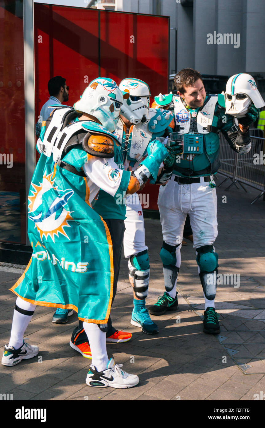Miami Dolphins footbal fans dressed as Stormtroopers posing for a photo at the first NFL International Series game of 2015 Stock Photo