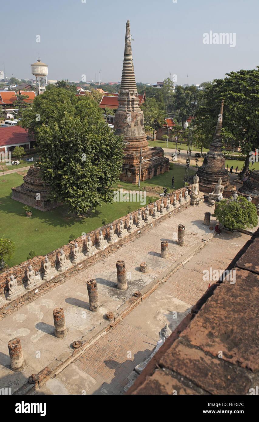 View from the terrace of the huge chedi of Wat Yai Chai Mongkol, Ayutthaya, Thailand, Asia. Stock Photo