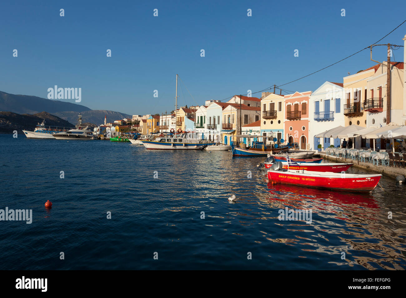 Kastellorizo is a small Greek Island in the South Agean in Greece. It has a small airport and is a popular day trip from Kas Stock Photo