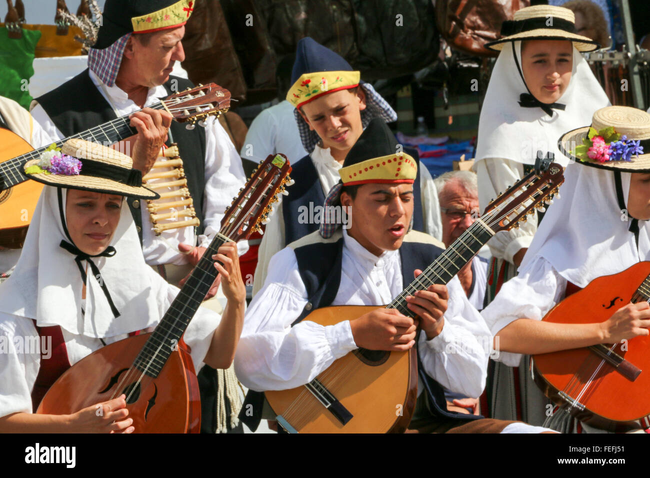 Folk musicians, Tequise Market, Lanzarote, Canary Islands Stock Photo
