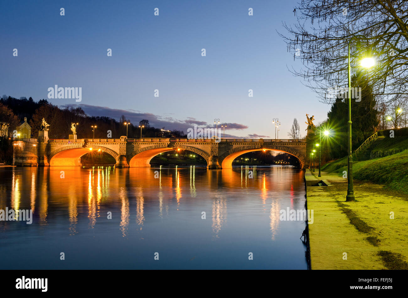 Turin (Torino), river Po and Bridge Umberto I at twilight Stock Photo