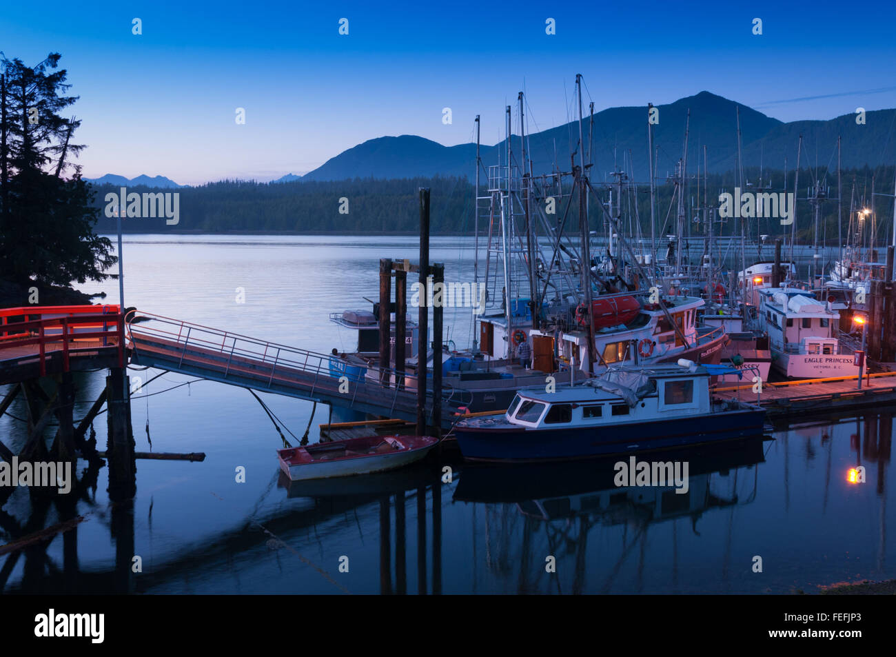 Ucluelet Harbour before sunrise, BC, Canada Stock Photo