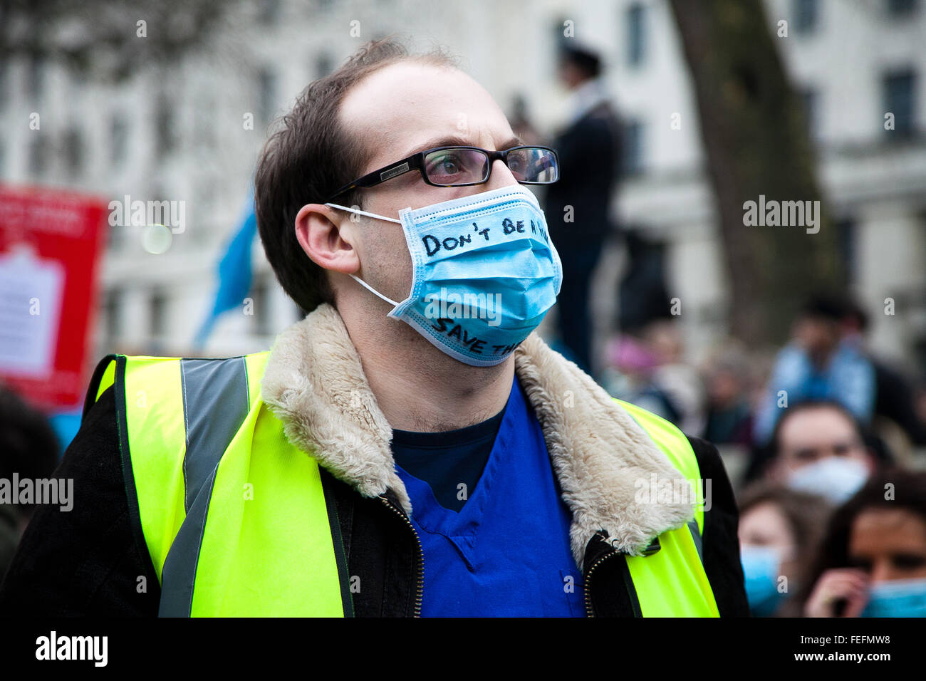 London, UK. 6th February 2016. Thousands of NHS Junior Doctors supported by student nurses on a mass demonstration against proposed changes to their contracts that would see cuts to their pay. They marched from Waterloo Place to Downing Street, where they had a sitting in for over 30 minutes. The rally was attended by fashion designer, Vivienne Westwood who todl the crowd 'Junior doctors are the future and you will win. You are fighting to protect the National Health Service, the NHS. To protect it from government cuts. We need more doctors not less doctors. Credit:  Dinendra Haria/Alamy Live  Stock Photo