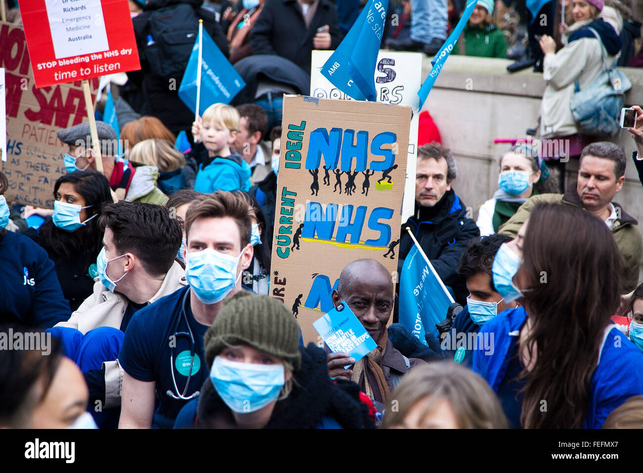 London, UK. 6th February 2016. Thousands of NHS Junior Doctors supported by student nurses on a mass demonstration against proposed changes to their contracts that would see cuts to their pay. They marched from Waterloo Place to Downing Street, where they had a sitting in for over 30 minutes. The rally was attended by fashion designer, Vivienne Westwood who todl the crowd 'Junior doctors are the future and you will win. You are fighting to protect the National Health Service, the NHS. To protect it from government cuts. We need more doctors not less doctors. Credit:  Dinendra Haria/Alamy Live  Stock Photo