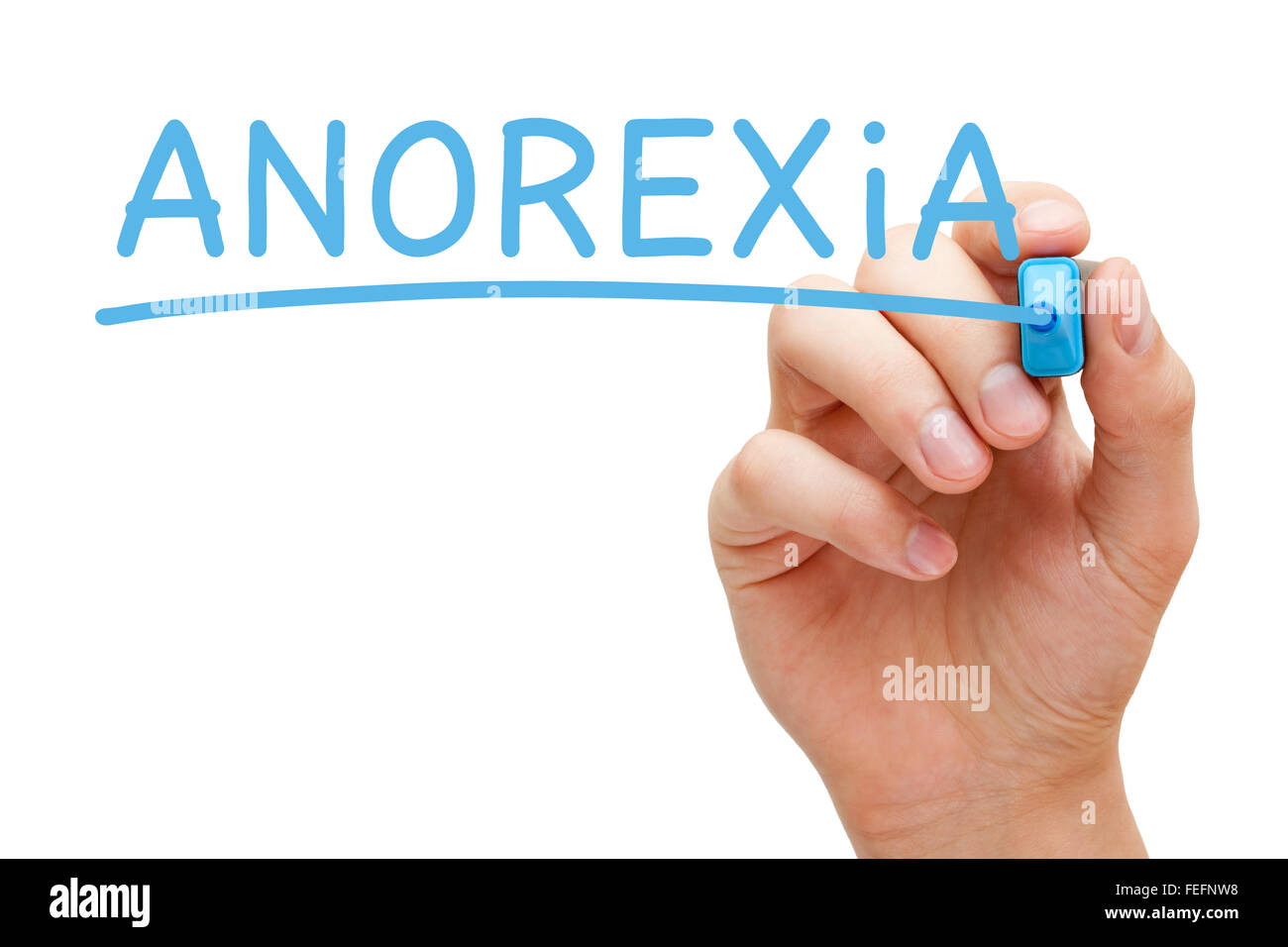 Hand writing Anorexia with blue marker on transparent wipe board. Stock Photo