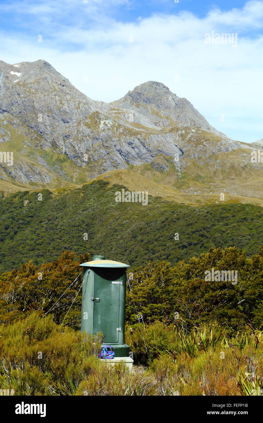 A loo (toilet) with a view at Key Summit, a portion of the Routeburn Track in Fiordland National Park, New Zealand. Stock Photo