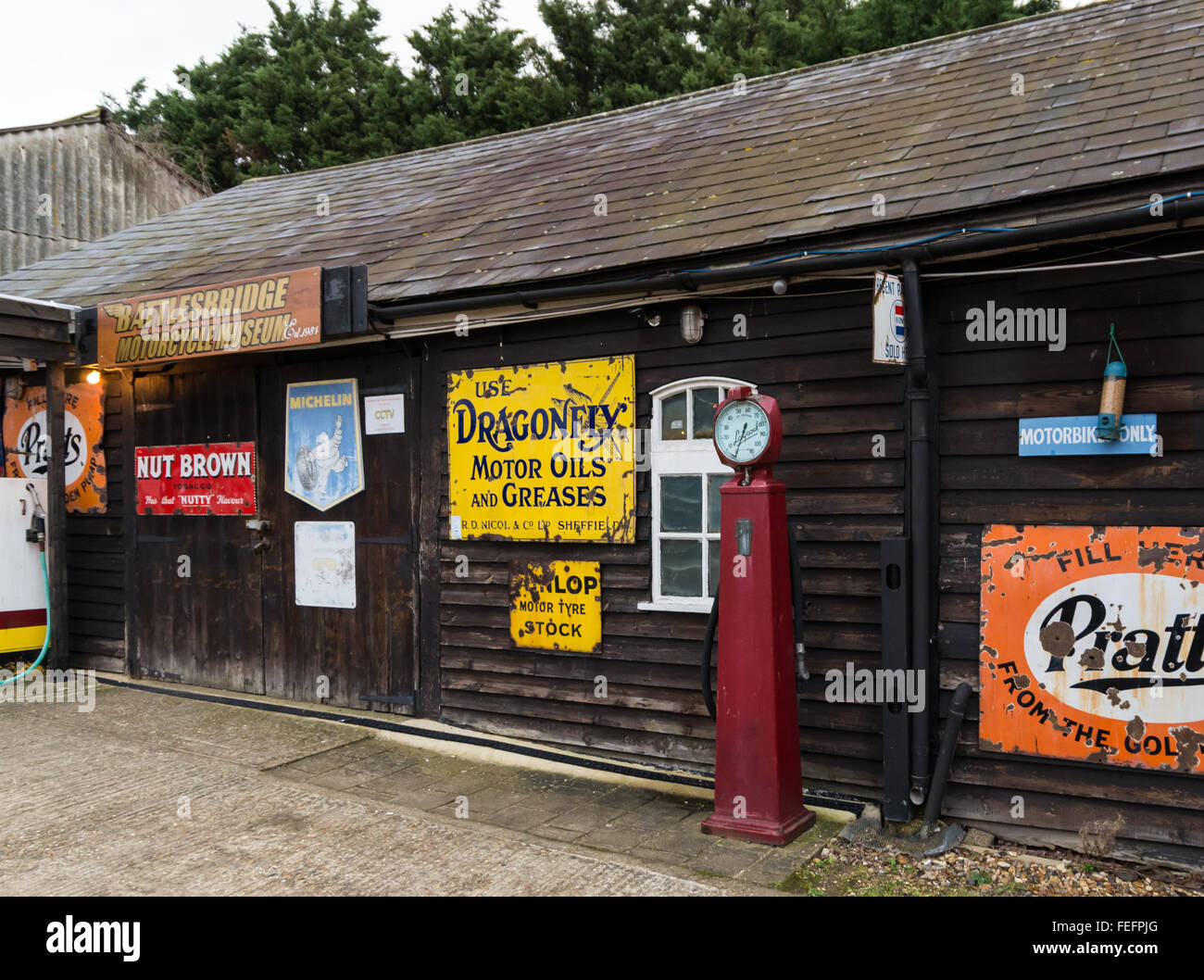 Exterior of Battlesbridge Motorcycle Museum in the Antiques Centre, which displays vintage motorbikes and memorabilia. Essex UK Stock Photo