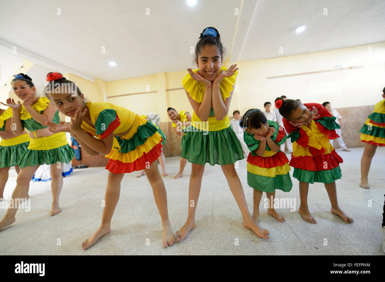 Girls dancing, dance group, folk dance, traditional dance, Barrio San Martín, Bogotá, Colombia Stock Photo