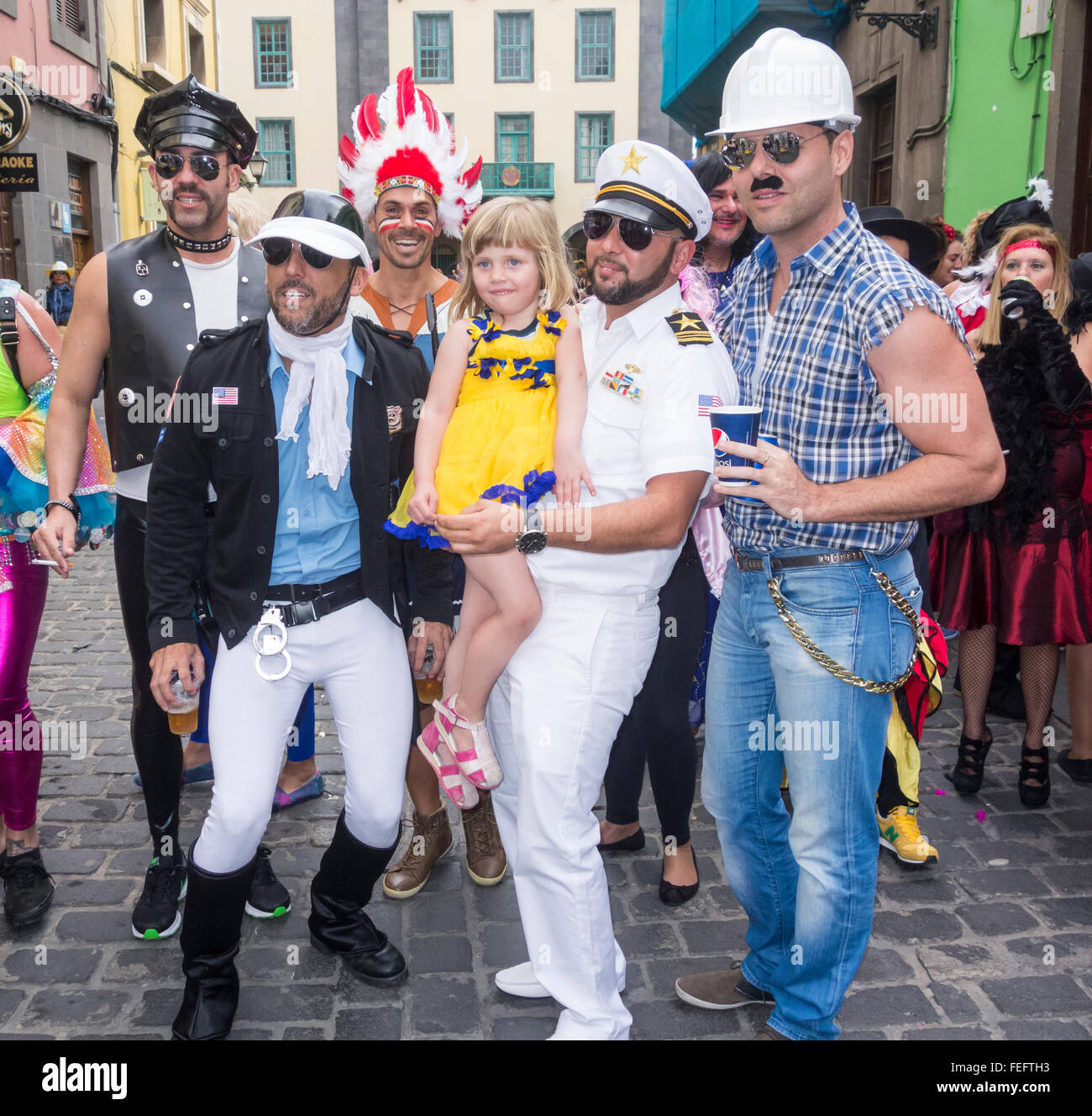 Men dressed as The Village People at carnival in Las Palmas on Gran Canaria, Canary Islands, Spain Stock Photo
