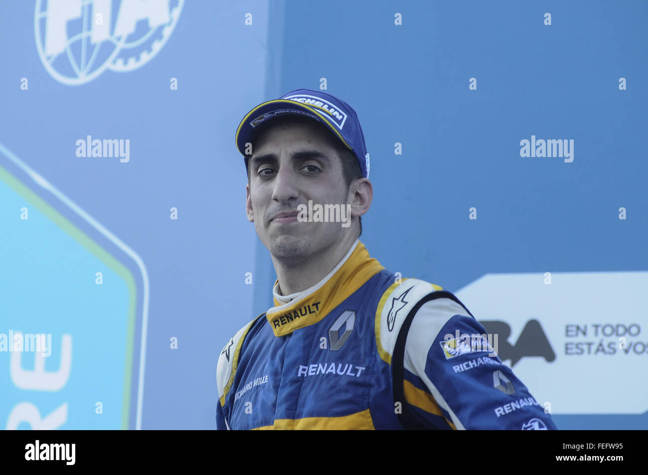 Buenos Aires, Buenos Aires, Argentina. 6th Feb, 2016. Renault e.Dams Team driver Sebastien Buemi stands at the podium after ending second in the Buenos Aires ePrix. For the second year, Formula E landed in Buenos Aires with a 2.480m city track located at the neighborhood of Puerto Madero. © Patricio Murphy/ZUMA Wire/Alamy Live News Stock Photo