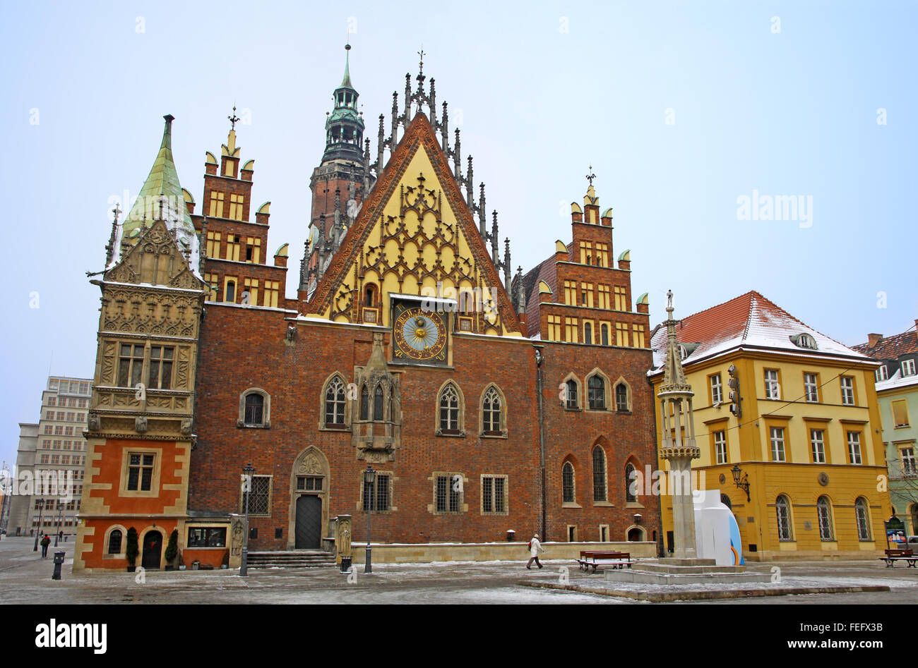 Market square and facade of Town Hall in Wroclaw city, Poland Stock Photo