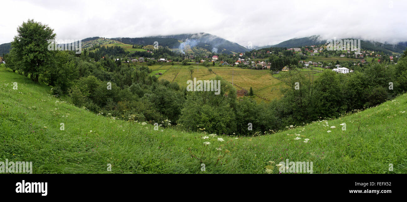 Panoramic view of Vorokhta village in Carpathian mountains, Ukraine Stock Photo