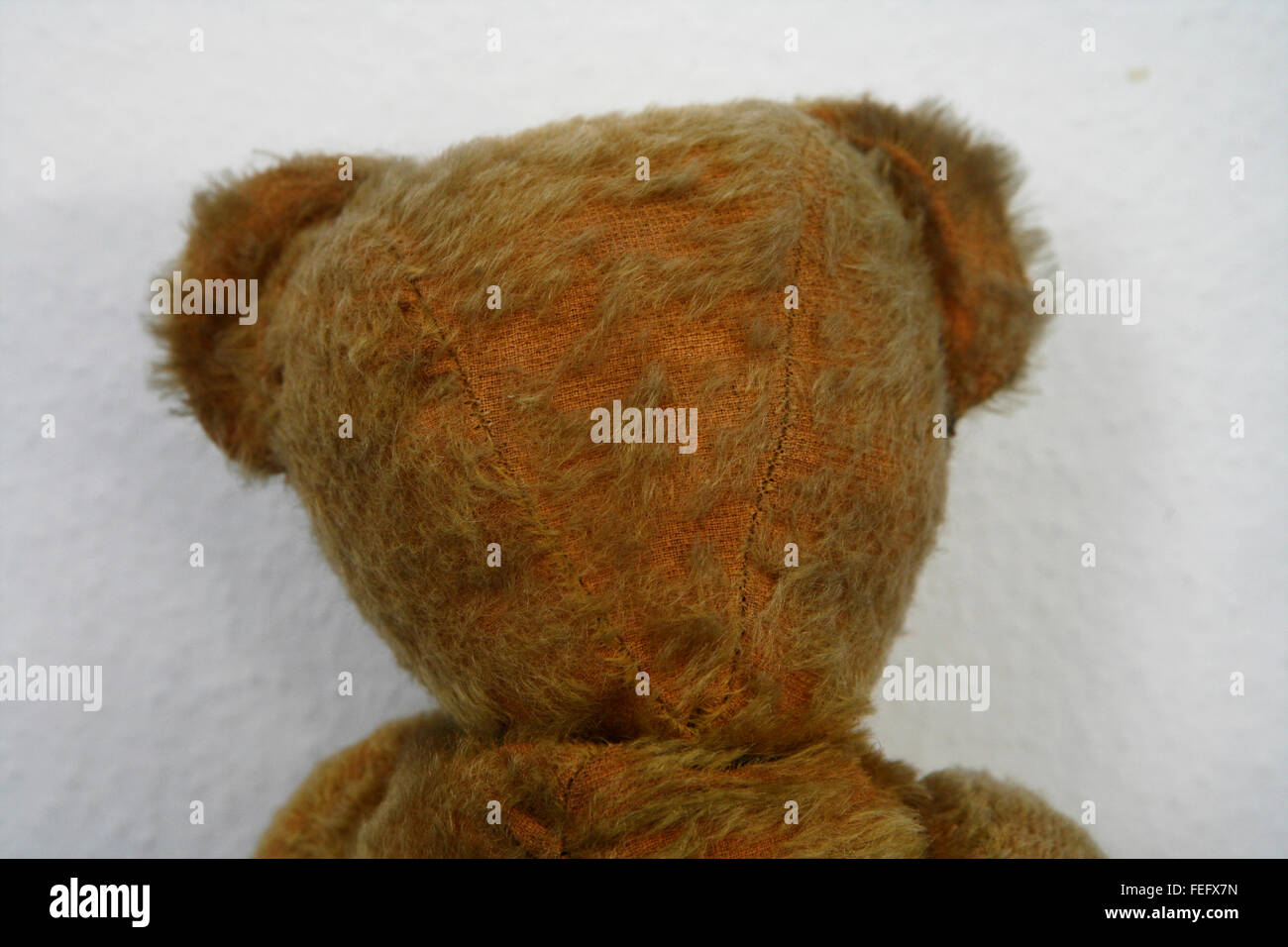 The Back of the head of an old stuffed and sewn teddy bear Stock