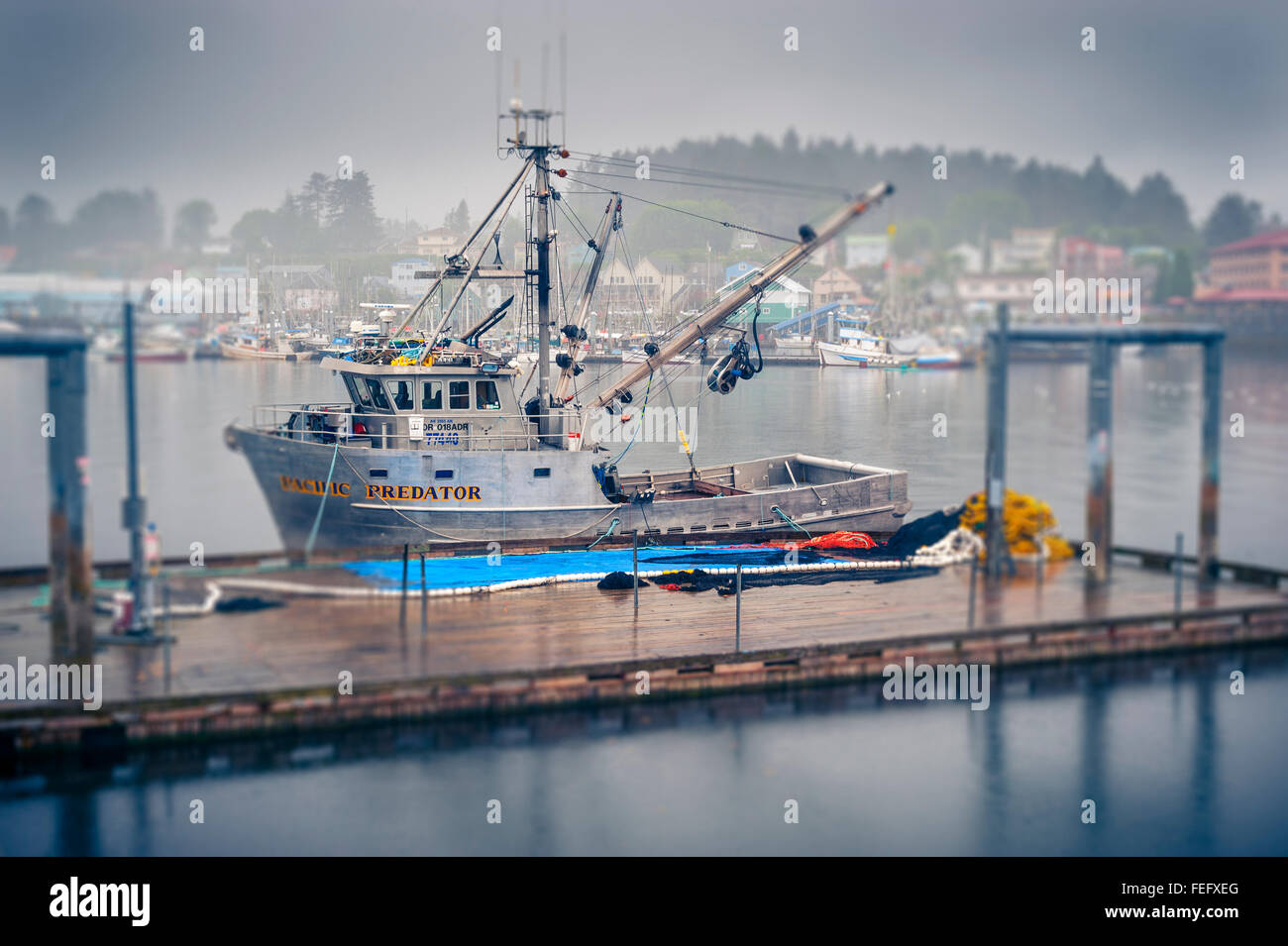 Purse seiner, Pacific Predator tied up at work platform in Sitka harbor in Sitka, Alaska, USA. Stock Photo