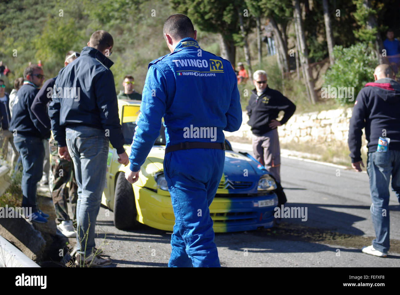 55th edition of the Rally Sanremo, European Rally Championship. Crashed car during race Stock Photo