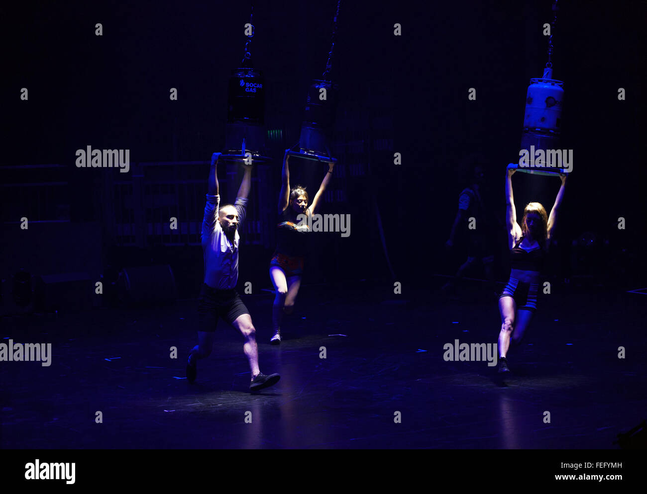 Trapeze acrobats, Circolombia Circus, Roundhouse, Camden, London, England, UK. Stock Photo