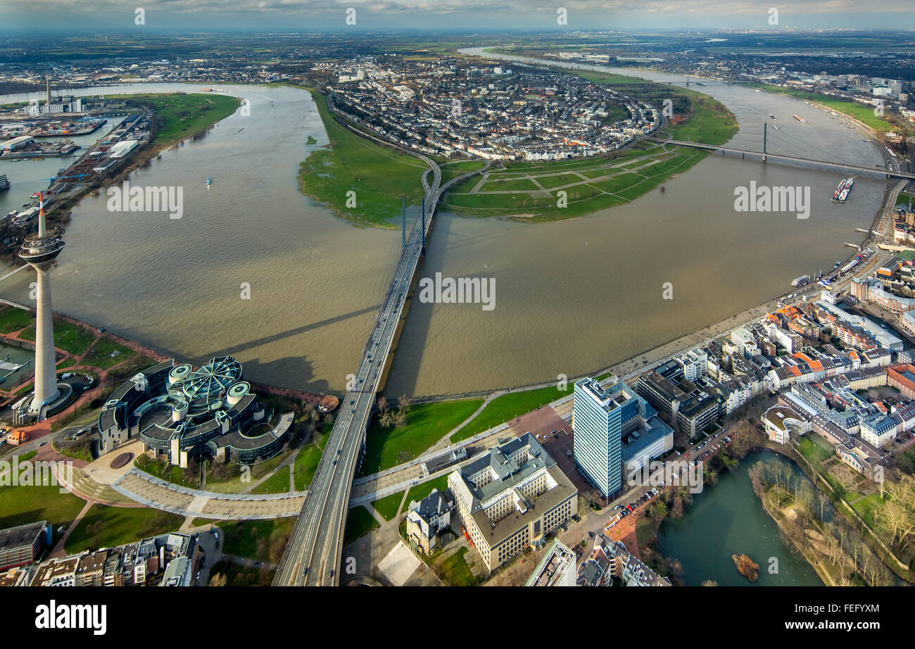 Aerial view, the Rhine flood in Dusseldorf at the Rheinkniebrücke