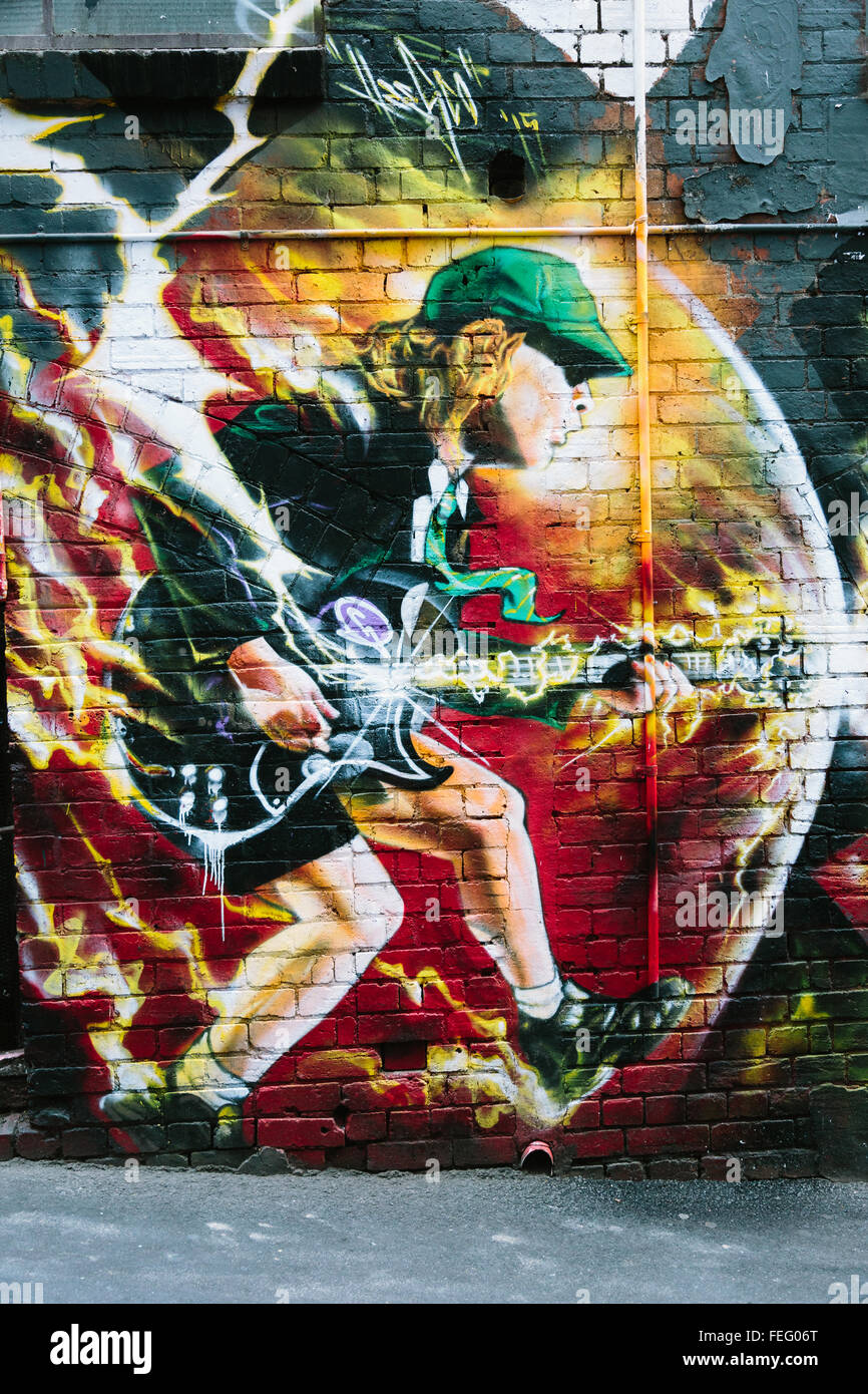 MELBOURNE/AUSTRALIA - FEBRUARY 6: Taken in Melbourne's famous graffiti laneways, this mural of AC/DC's Angus Young was found in Stock Photo