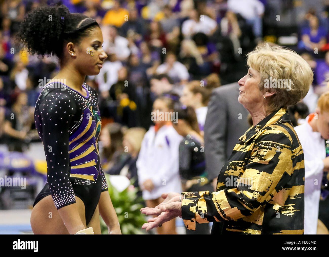 Baton Rouge, LA, USA. 05th Feb, 2016. LSU Tigers head coach D-D Breaux talks to LSU Tigers Randii Wyrick before she starts her routine during a NCAA gymnastics meet between the Arkansas Razorbacks at LSU Tigers at the Pete Maravich Assembly Center in Baton Rouge, LA. Stephen Lew/CSM/Alamy Live News Stock Photo