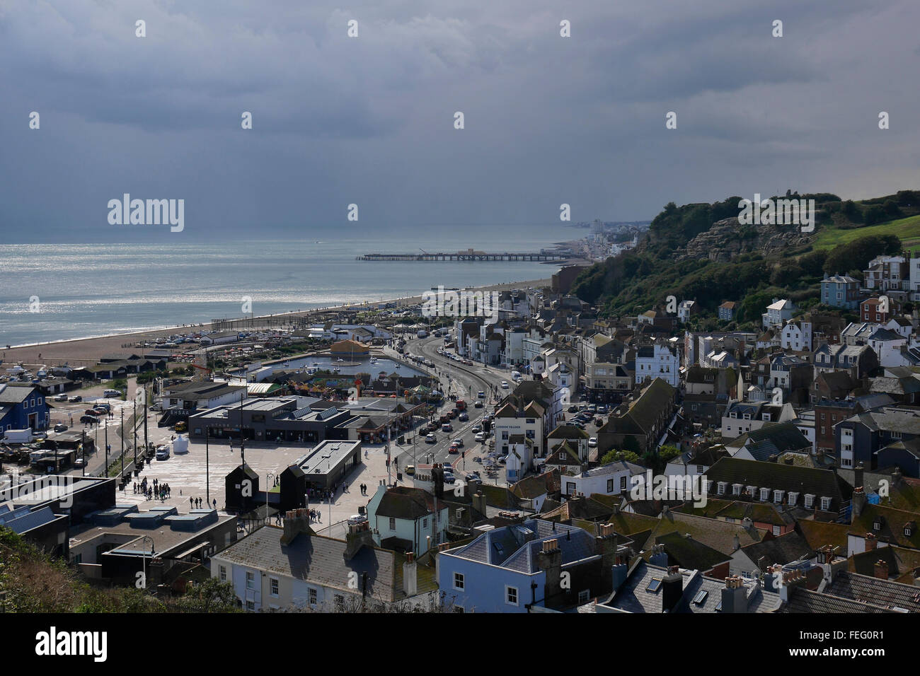 Cliff top view of Hastings Stock Photo Alamy