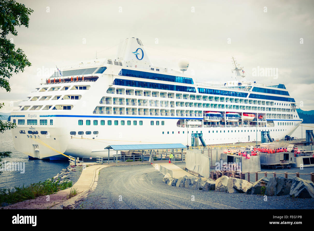 Small cruise ship at port in Sitka, Alaska, USA. Tied up at Sitka's