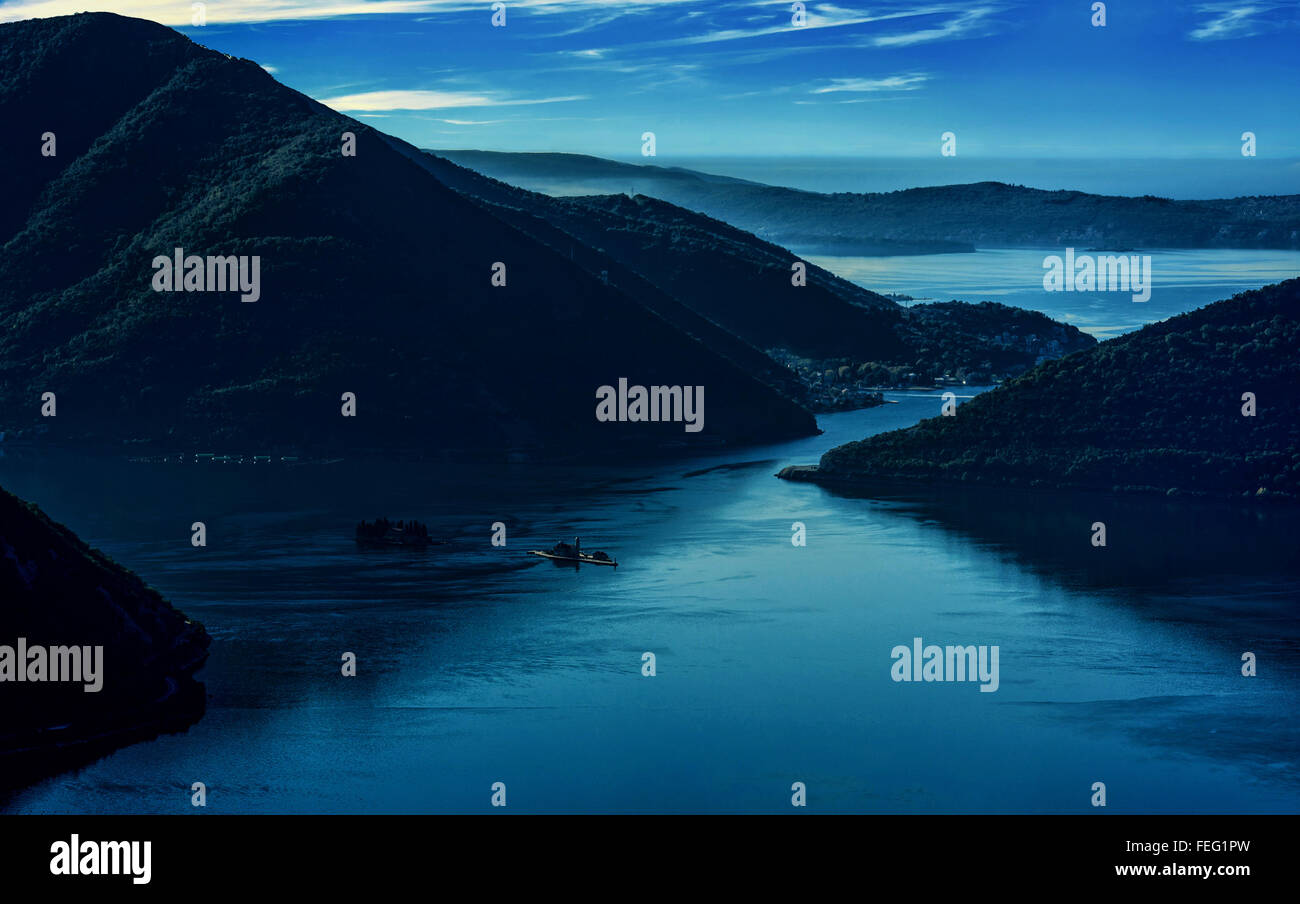 Early morning sunrise in Bay of Kotor, Perast, Montenegro Stock Photo