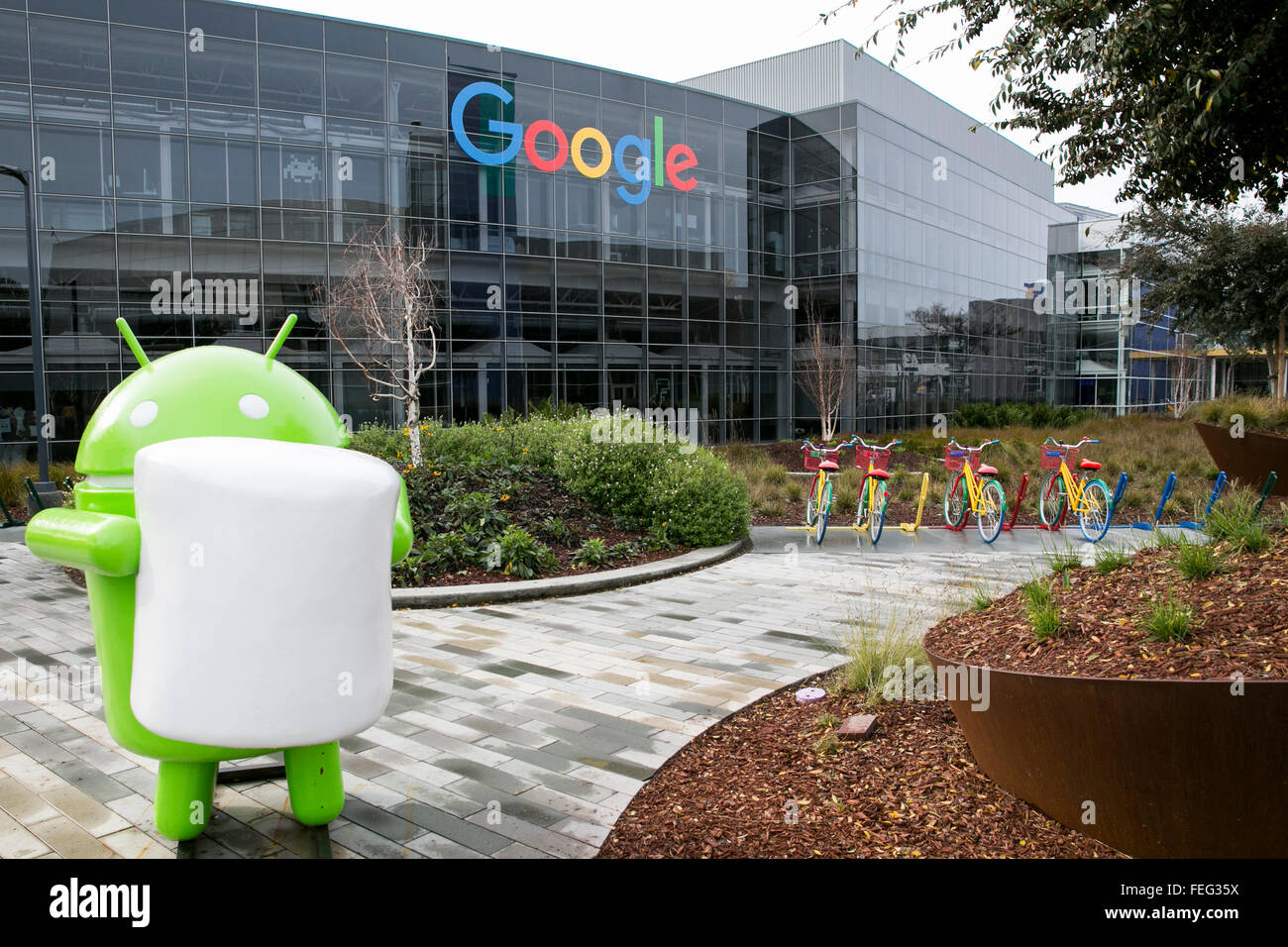 A logo sign outside of the headquarters of Google, also known as the 'Googleplex' in Mountain View, California on January 24, 20 Stock Photo