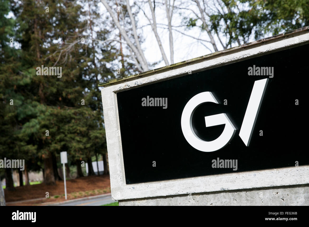 A logo sign outside of the headquarters of GV, also known as Google Ventures in Mountain View, California on January 24, 2016. Stock Photo