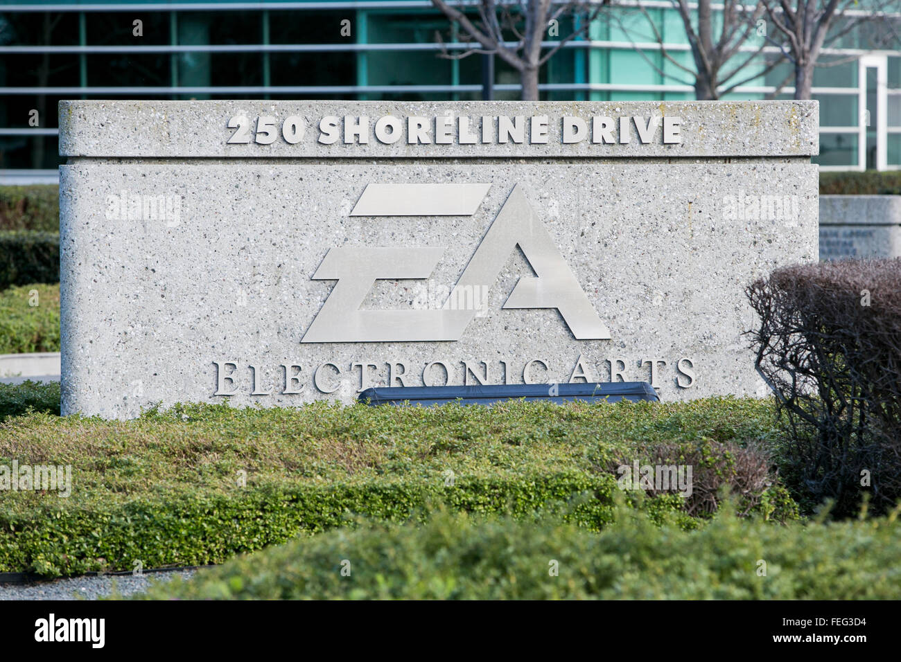 A logo sign outside of the headquarters of Electronic Arts in Redwood City, California on January 24, 2016 Stock Photo