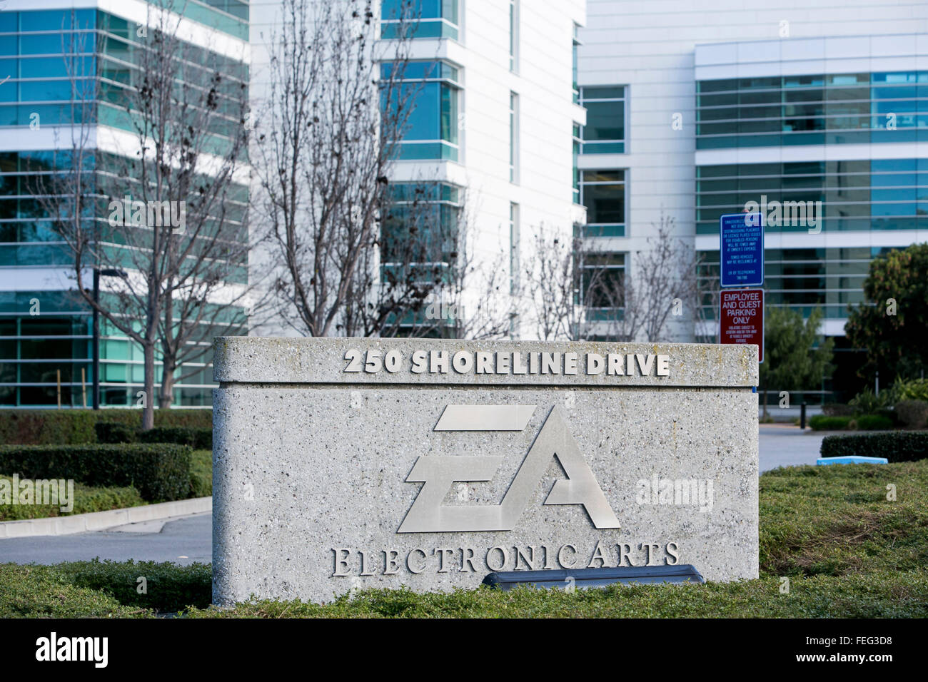A logo sign outside of the headquarters of Electronic Arts in Redwood City, California on January 24, 2016 Stock Photo