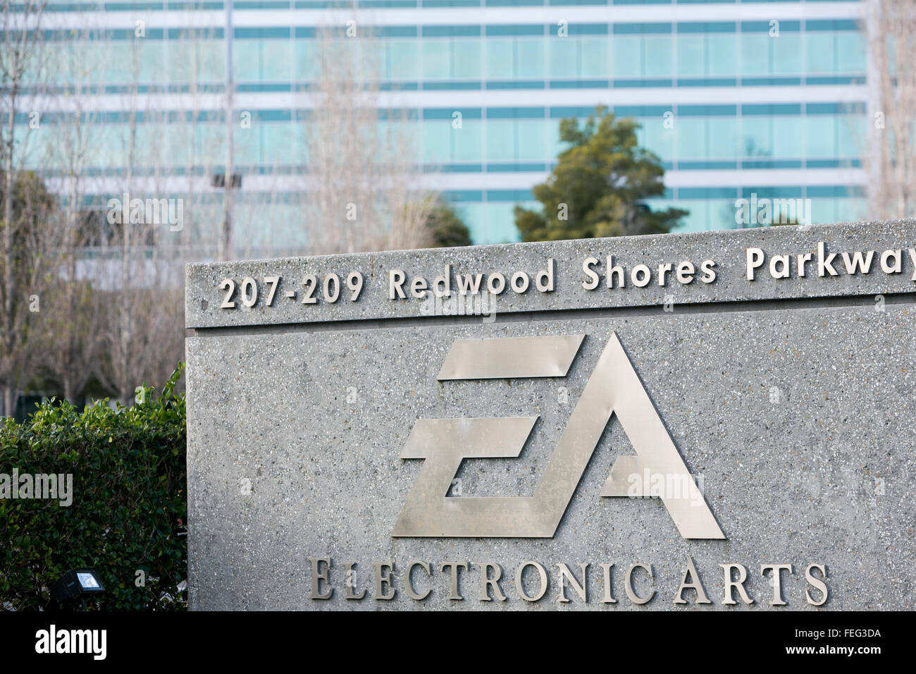 A logo sign outside of the headquarters of Electronic Arts in Redwood City, California on January 24, 2016 Stock Photo