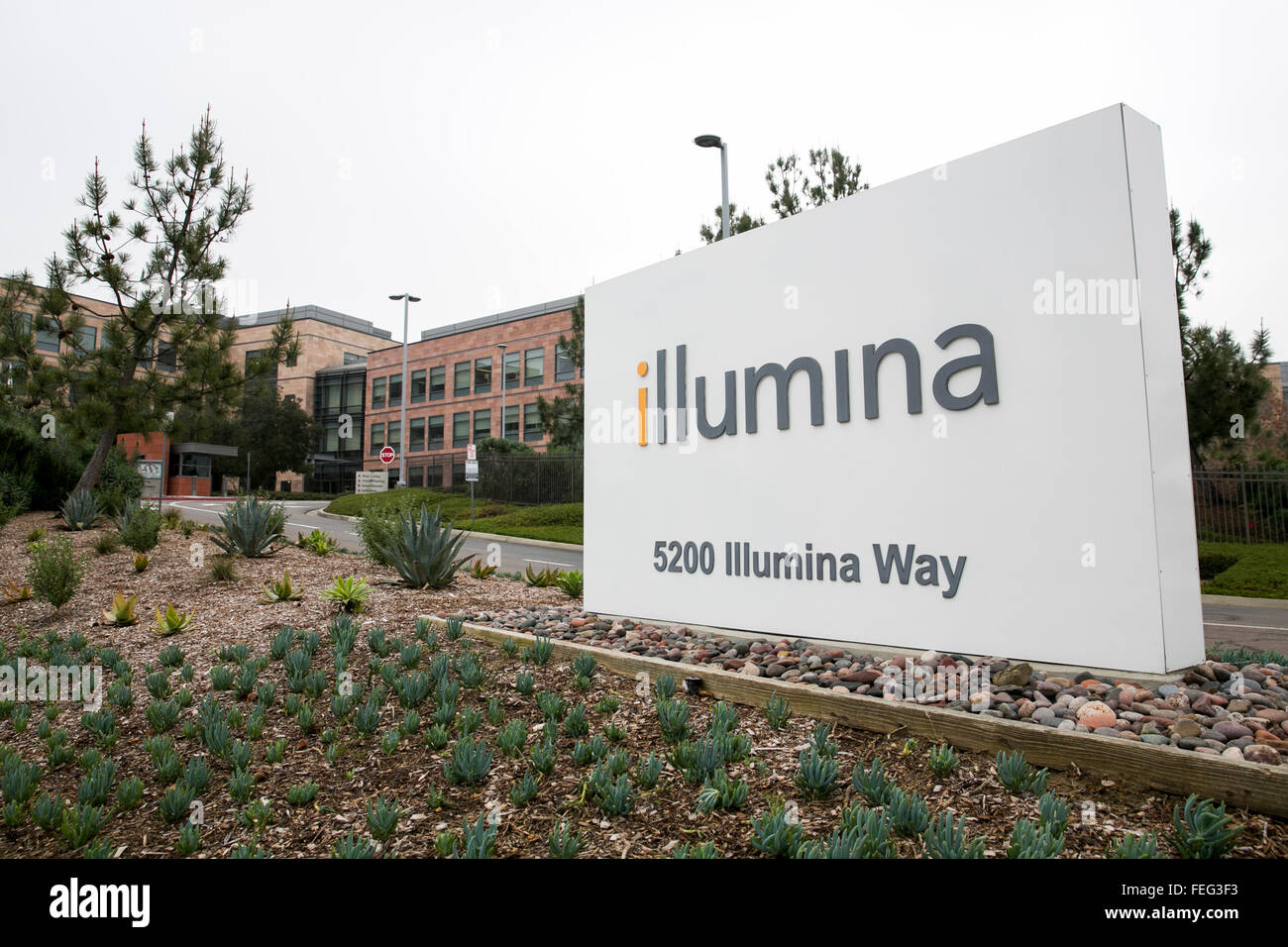 A logo sign outside of the headquarters of Illumina, Inc., in San Diego, California on January 30, 2016. Stock Photo