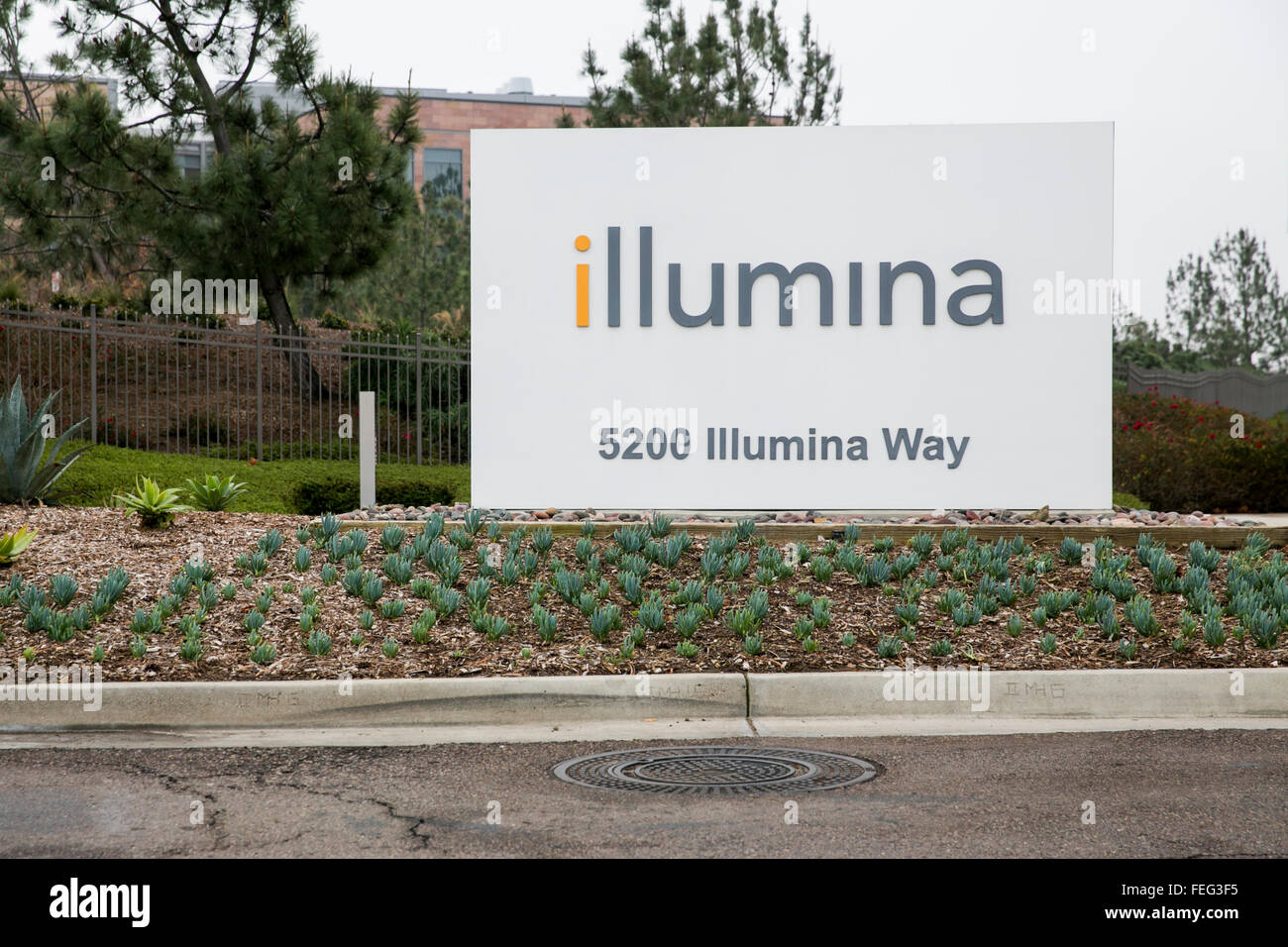 A logo sign outside of the headquarters of Illumina, Inc., in San Diego, California on January 30, 2016. Stock Photo