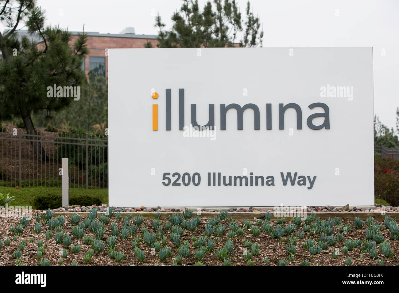 A logo sign outside of the headquarters of Illumina, Inc., in San Diego, California on January 30, 2016. Stock Photo