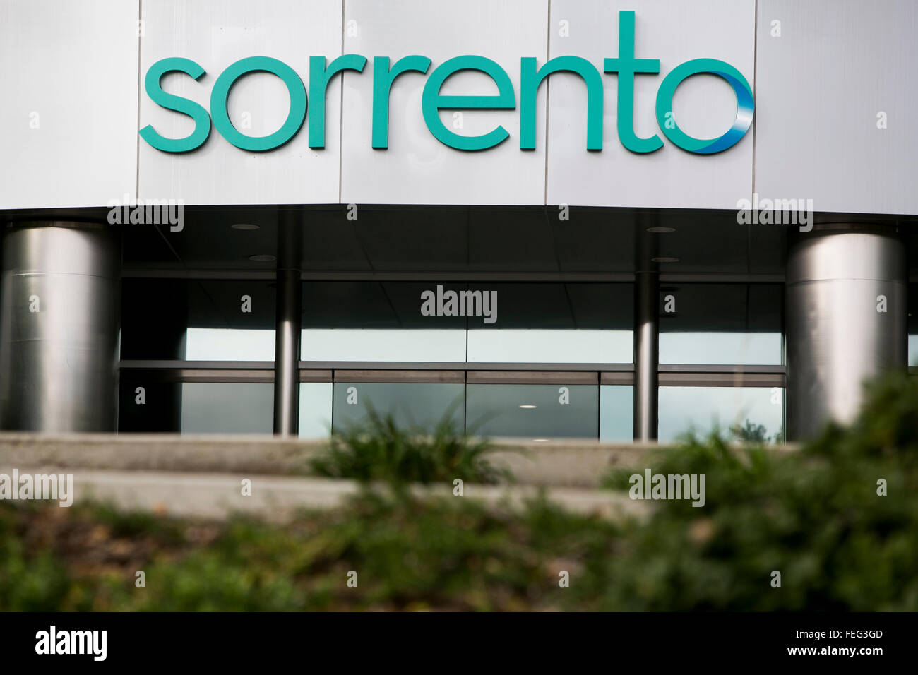 A logo sign outside of the headquarters of Sorrento Therapeutics in San Diego, California on January 30, 2016. Stock Photo