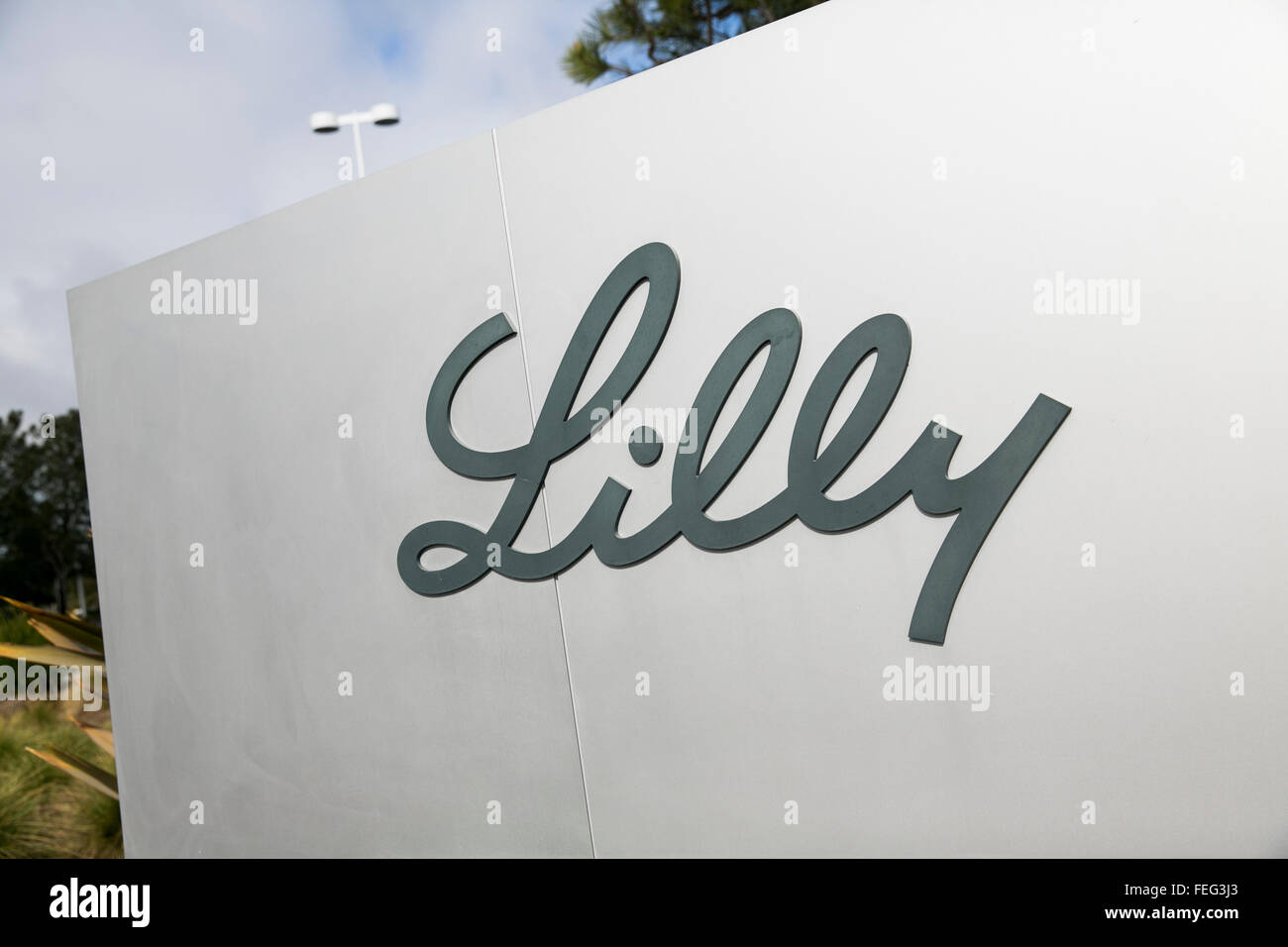 A logo sign outside of a facility occupied by Eli Lilly and Company in