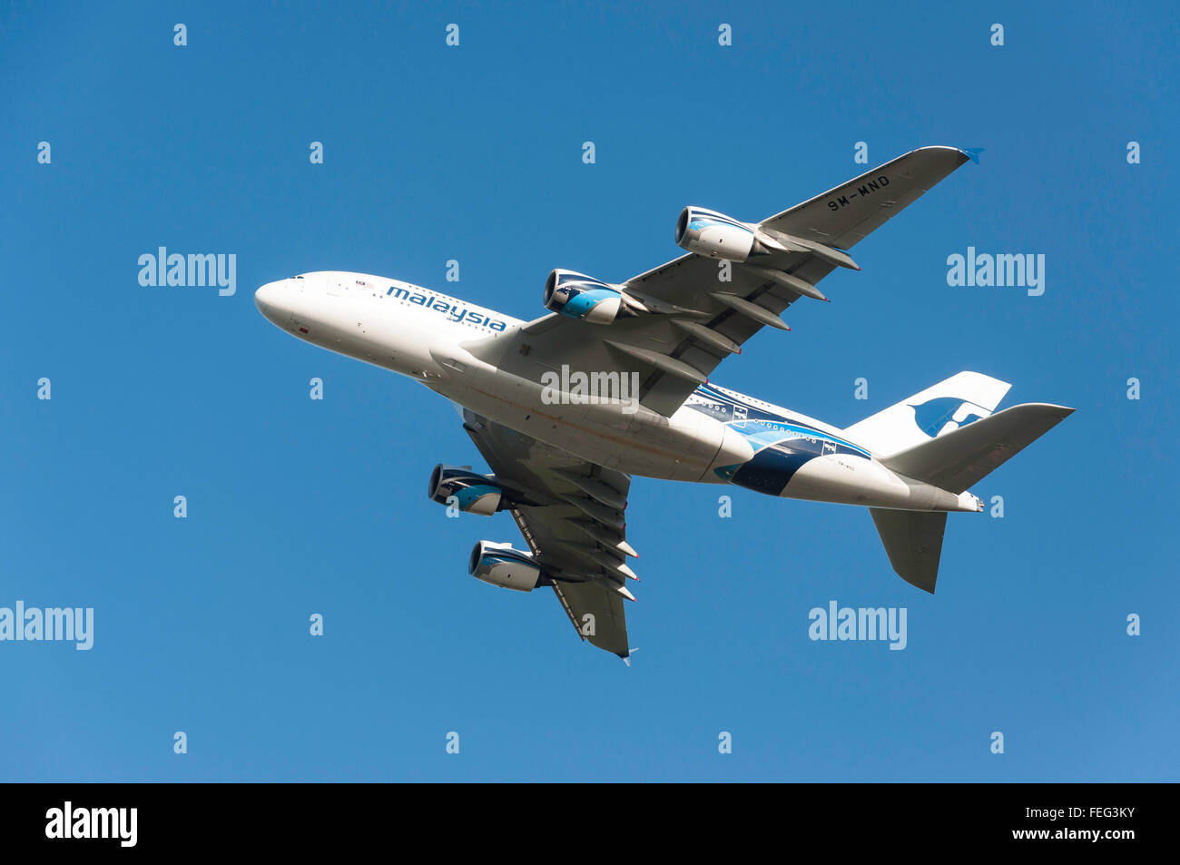 Malaysian Airlines Airbus A380 taking off from Heathrow Airport, Stanwell Moor, Surrey, England, United Kingdom Stock Photo