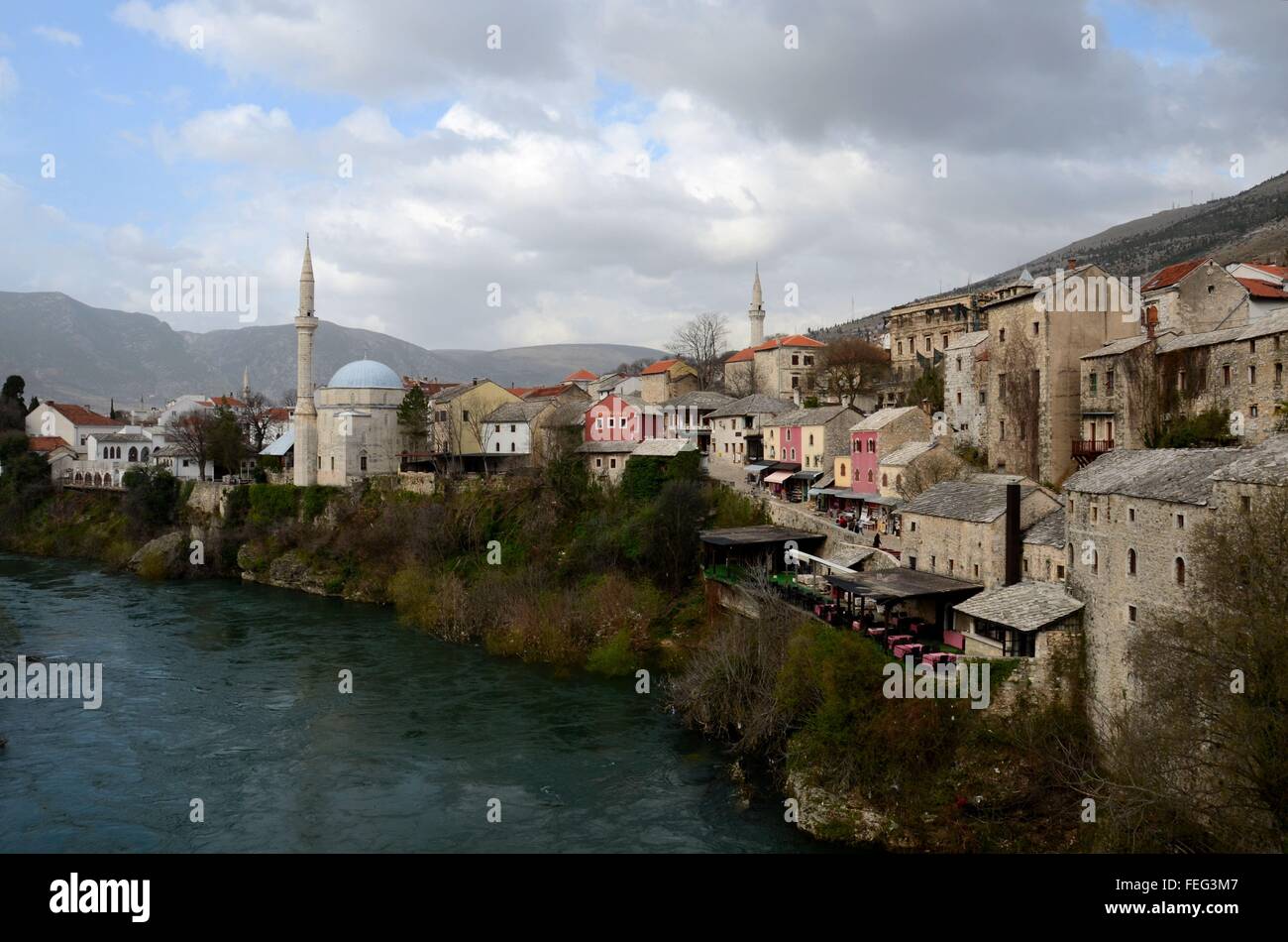 Mostar city with Ottoman Turkish mosque minaret medieval architecture