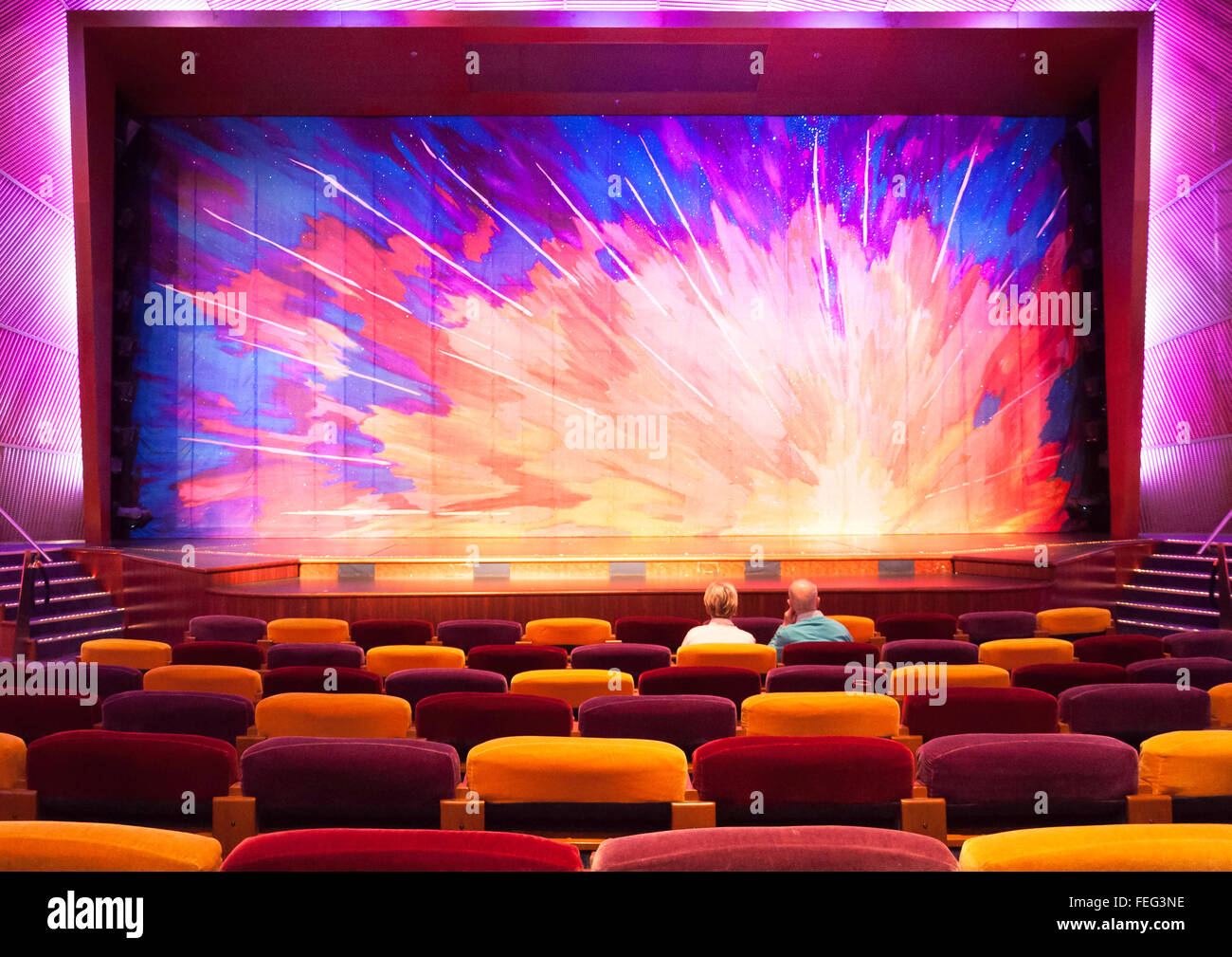 Stage and seats in The Pacifica Theatre, Royal Caribbean's Brilliance of the Seas cruise ship, North Sea, Europe Stock Photo