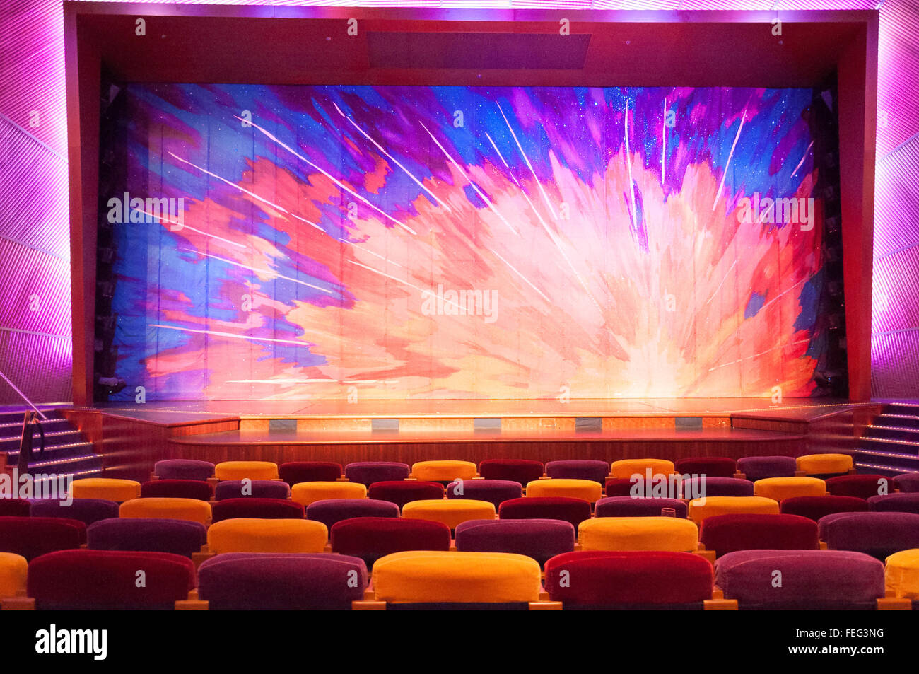 Stage and seats in The Pacifica Theatre, Royal Caribbean's Brilliance of the Seas cruise ship, North Sea, Europe Stock Photo
