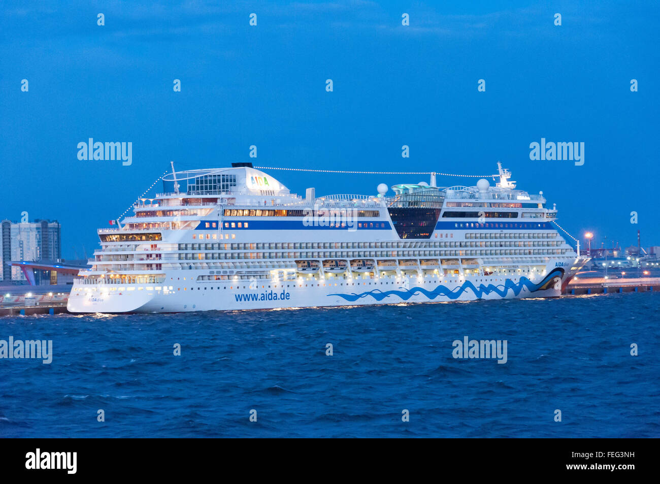AIDA Diva cruise ship at dusk, Port of Saint Petersburg, Northwestern Region, Russian Federation Stock Photo