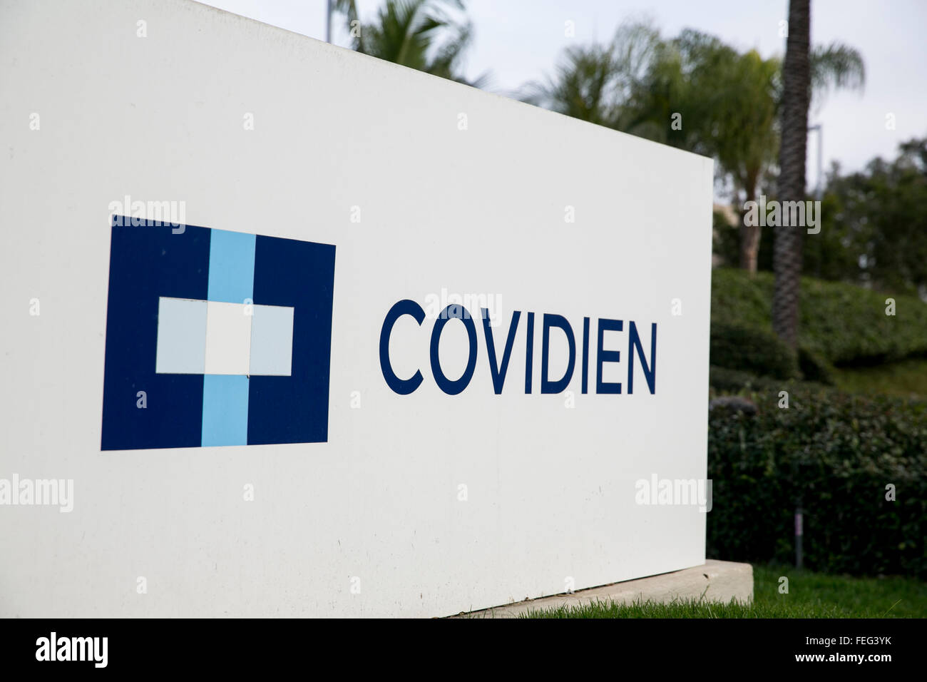 A logo sign outside of a facility occupied by Covidien in Carlsbad, California on January 30, 2016. Stock Photo