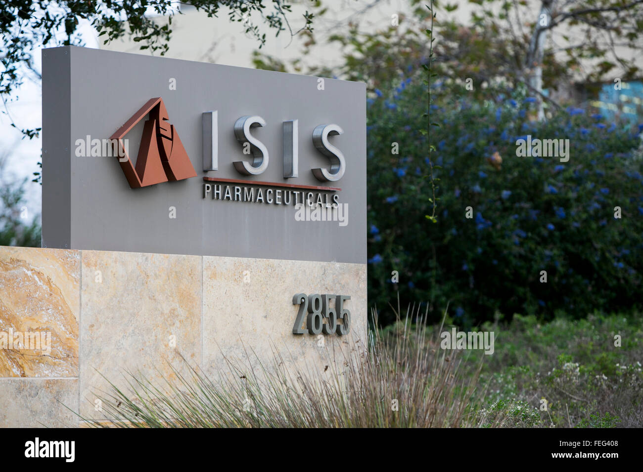A logo sign outside of the headquarters of Isis Pharmaceuticals in