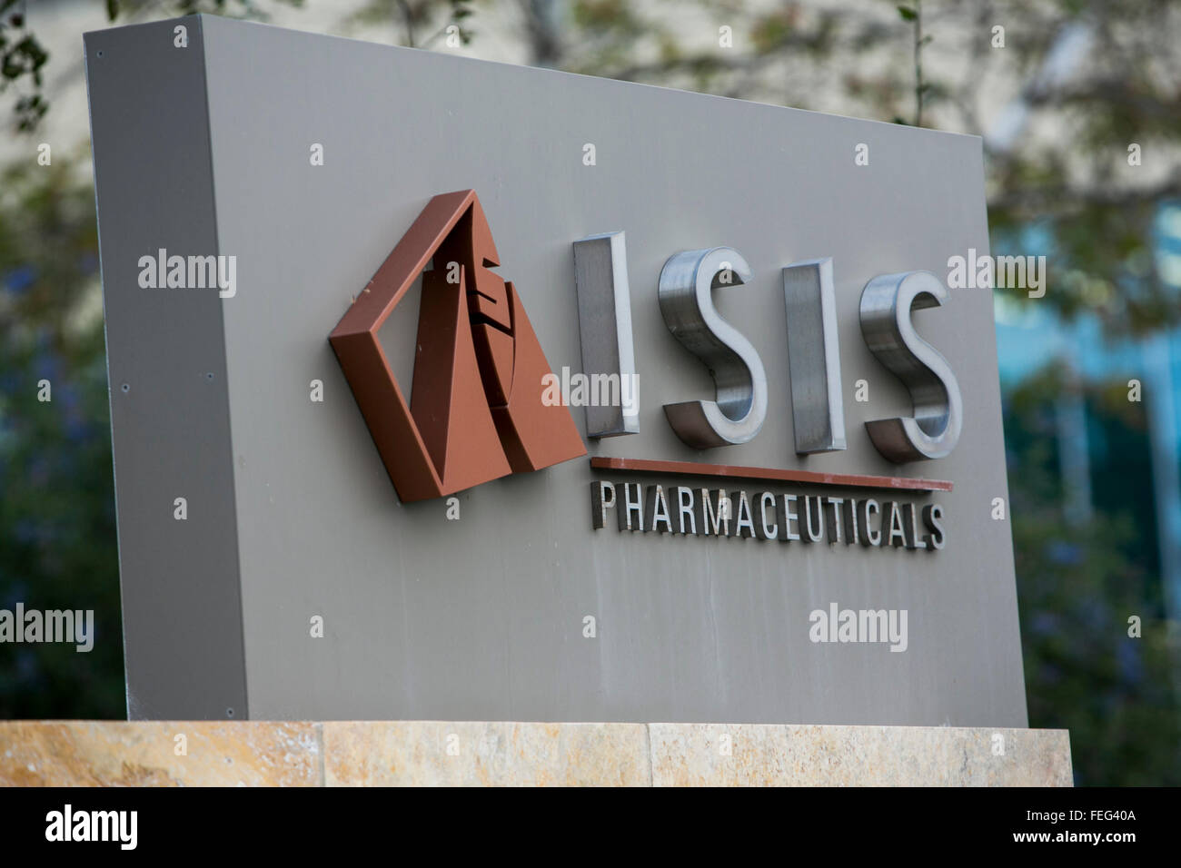A logo sign outside of the headquarters of Isis Pharmaceuticals in