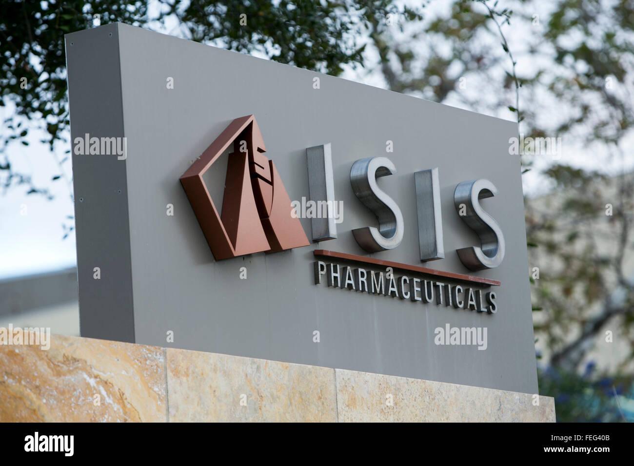 A logo sign outside of the headquarters of Isis Pharmaceuticals in