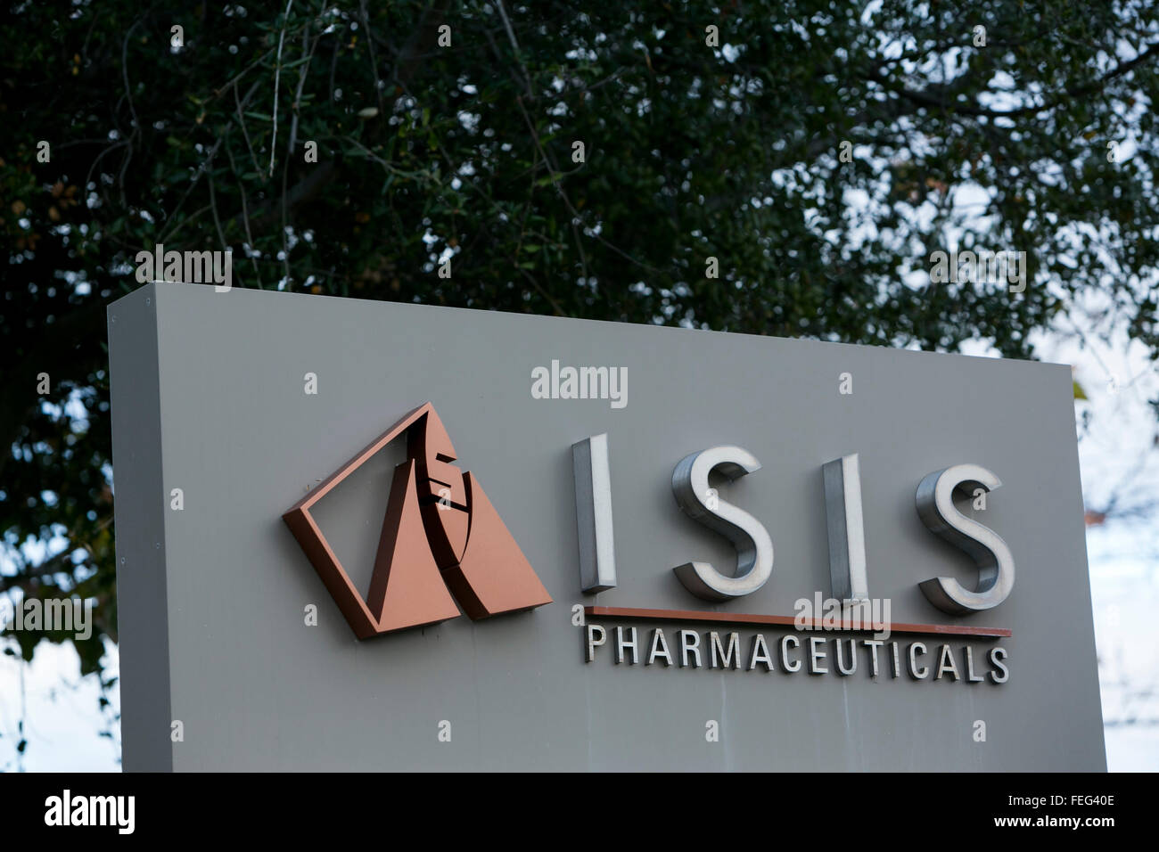A logo sign outside of the headquarters of Isis Pharmaceuticals in