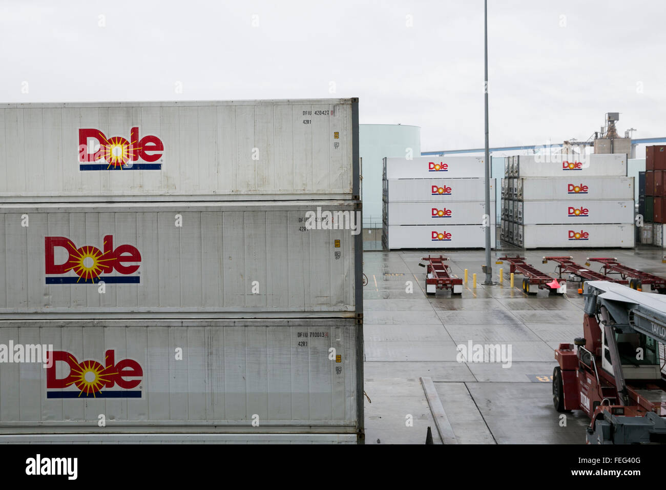 Shipping containers with the Dole Food Company, Inc., logo at a shipping facility in San Diego, California on January 31, 2016. Stock Photo